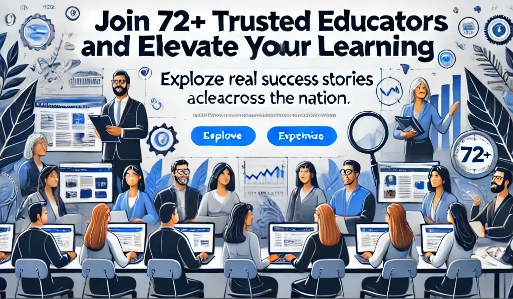 A modern and professional banner showcasing client website screenshots, symbolizing trust and success. It features the text 'Join 72+ Trusted Educators and Elevate Your Learning' and 'Explore Real Success Stories From Our Clients Across the Nation,' with a blue and white theme representing quality education and growth.